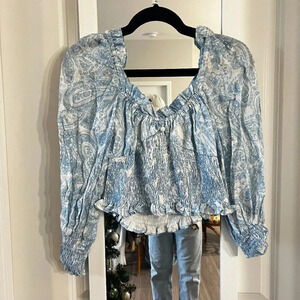 402 Faithful The Brand Blue and White Ruched Blouse Size Medium Color Blue White